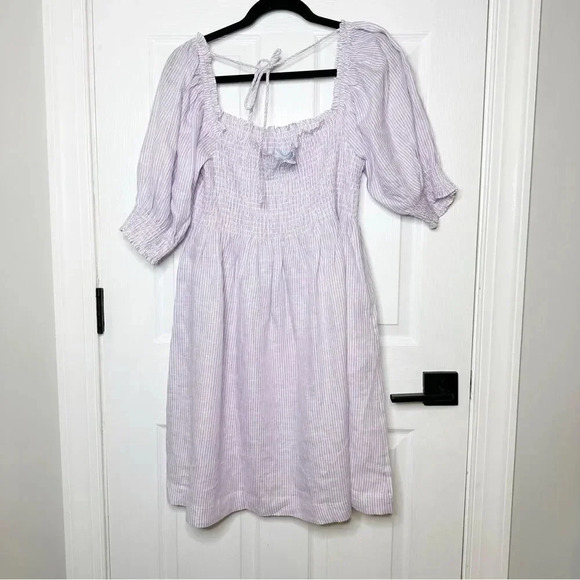 HILL HOUSE Athena Midi Nap Dress Linen Lilac Stripe Size XL Romantic Pockets - Picture 7 of 10